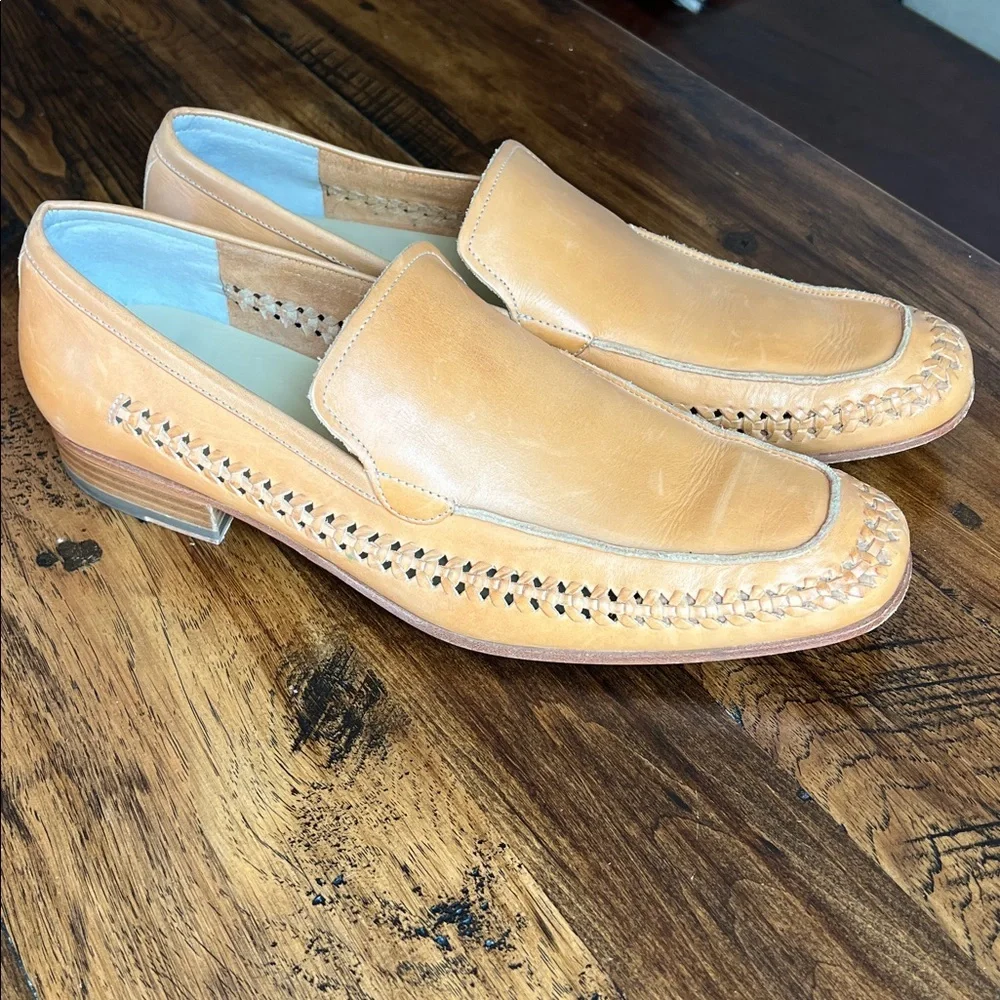 Calvin Klein Men’s 12 Tan Leather Loafers Weaved Beachy